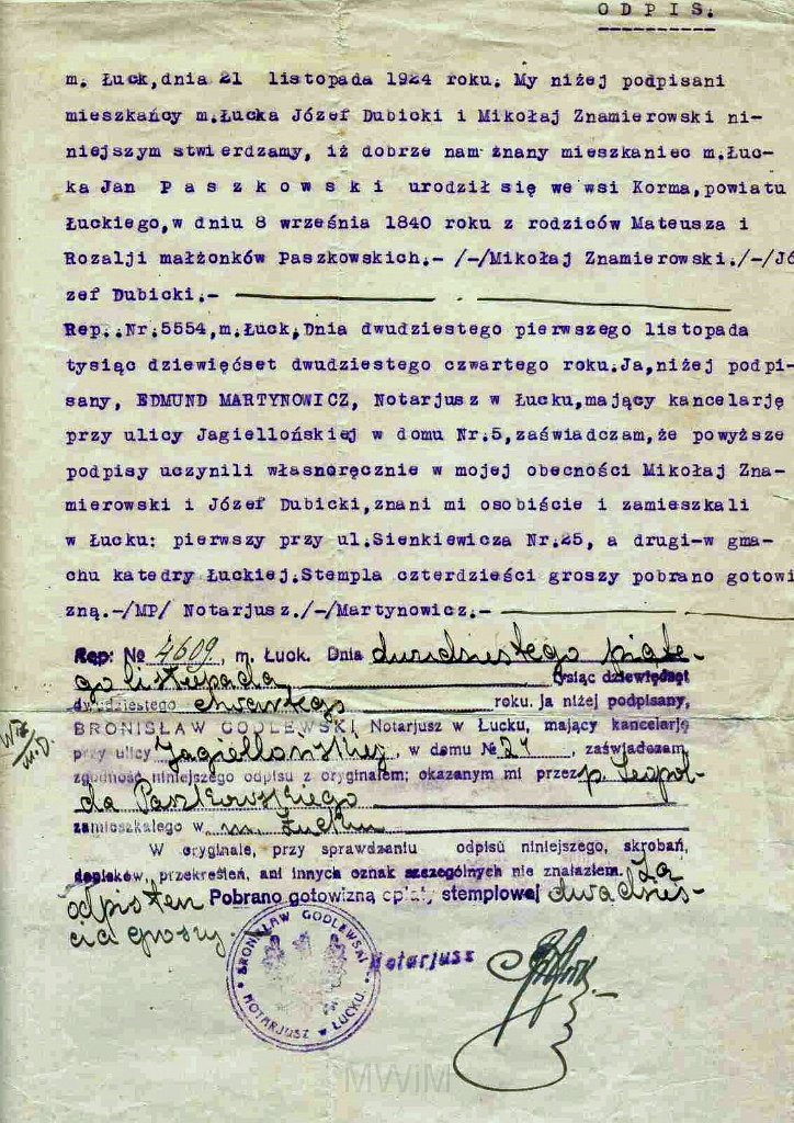 KKE 5939.jpg - Dok. Odpis Metryki urodzenia Jana Paszkowskiego (ur.1879 /zm.1925), Łuck 21 XI 1924 r.
